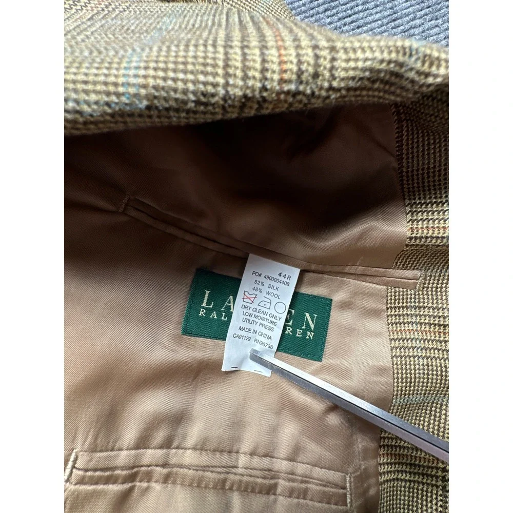 Lauren Ralph Lauren Blazer Mens 44R Tan Glen Plaid Silk Wool Sport Coat